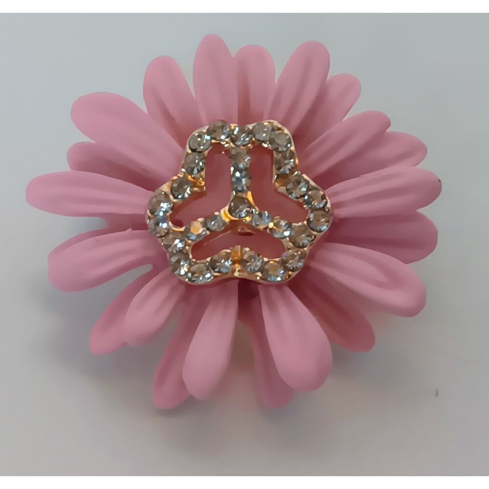 Goldtone Rhinestone & Pink Enamel Flower Brooch 1.5 in